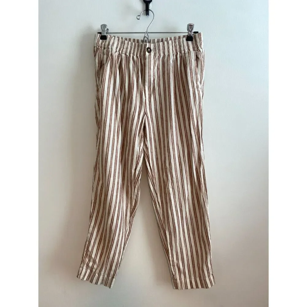 Madewell Linen Cotton Track Trouser Pants In Stripe In Saddle Brown